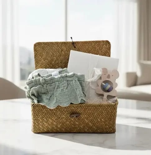 Wicker storage basket gift Baby Blanco perfume wit...