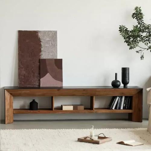 Black wooden TV table with three slots