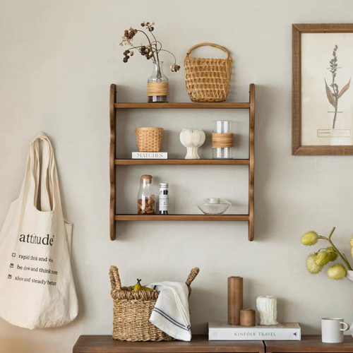 Wall shelf made of natural wood, 3 tiers