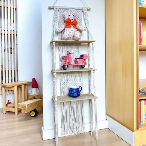 Wall shelf made of wood and macrame, 3 tiers