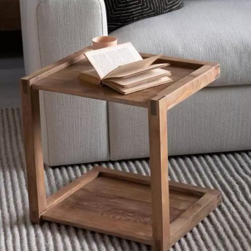 Two-tier serving table made of natural wood