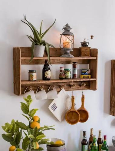 Wooden pine coffee tray with 6 hooks
