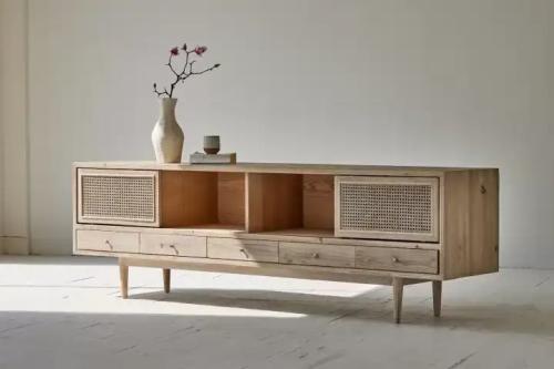 Wooden pine and rattan TV table