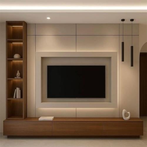 طاولة بلازما خشبية بتصميم L مع إضاءة LED و5 أرفف و...