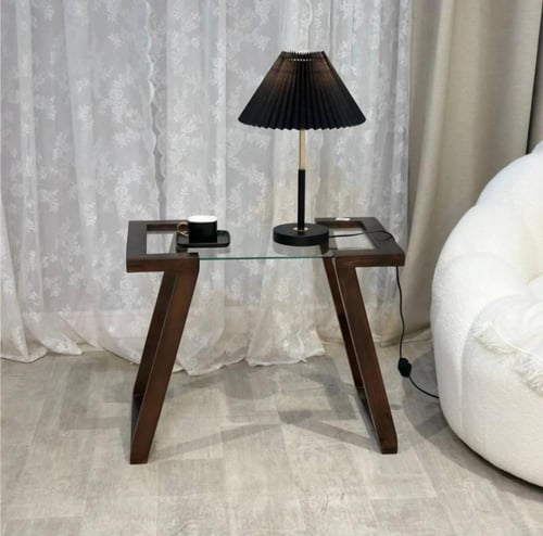 طاولة خدمة خشب سطح زجاج شفاف