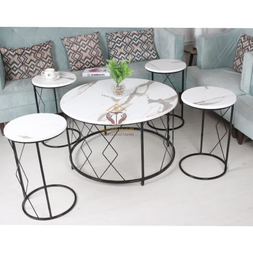 طقم طاولات مودرن شكل حديث 5 قطع لون أسود سطح خشب ش...