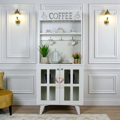 ركن كوفي تصميم أنيق بابين زجاج شفاف مع رفوف لون أب...