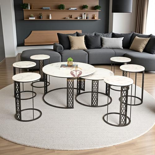 طقم طاولات حديد مع سطح خشب شبيه رخام