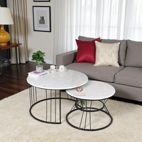 طقم طاولات أسود قطعتين سطح أبيض بديل الرخام