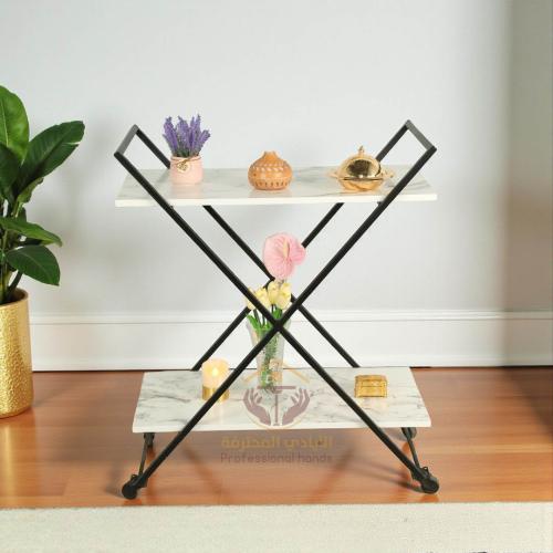 عربه تقديم شكل اكس سطح خشب ابيض شبيه بالرخام عرض