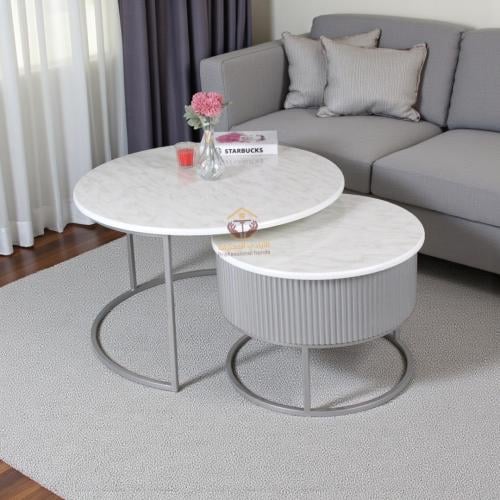 طقم طاولتين سطح خشب لون أبيض شبيه الرخام