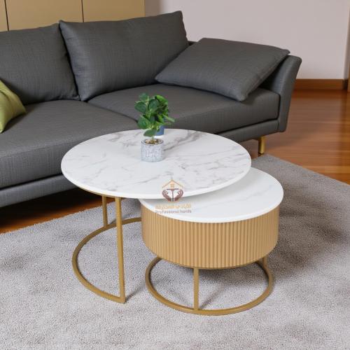 طقم طاولتين لون ذهبي سطح خشب لون أبيض شبيه الرخام