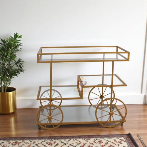 عربة تقديم لون ذهبي شكل سيكل سطح زجاج