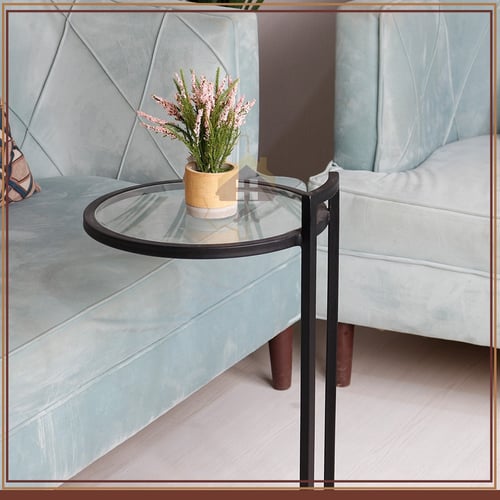 طاولة خدمة بسيطة سطح زجاج شفاف قاعدة حديد لون أسود