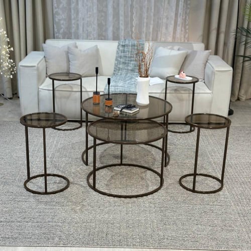 طقم طاولات ضيافة لون بني زجاح بني مع 4خدمه