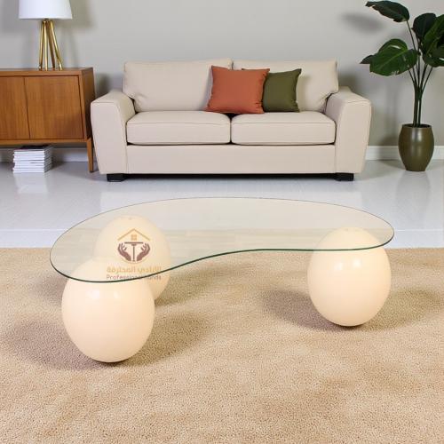 طاولة ضيافة سطح زجاج شكل كور رخام ناعم بلون بيج