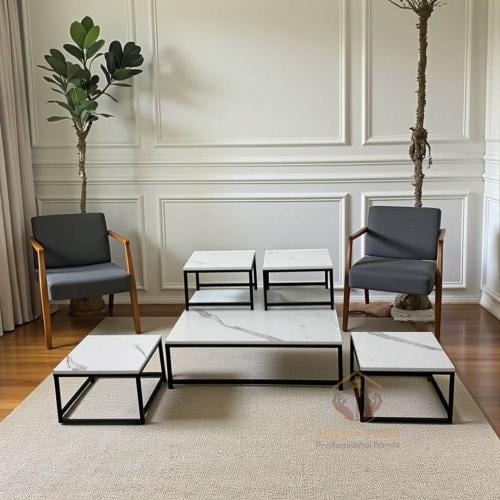 طقم طاولات سطح خشب رخامي 1+4