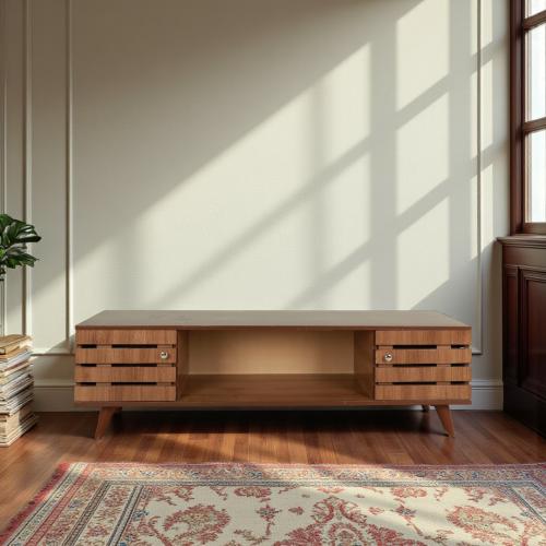 طاولة تلفزيون مودرن خشب MDF بلون أبيض وخشبي | تصمي...