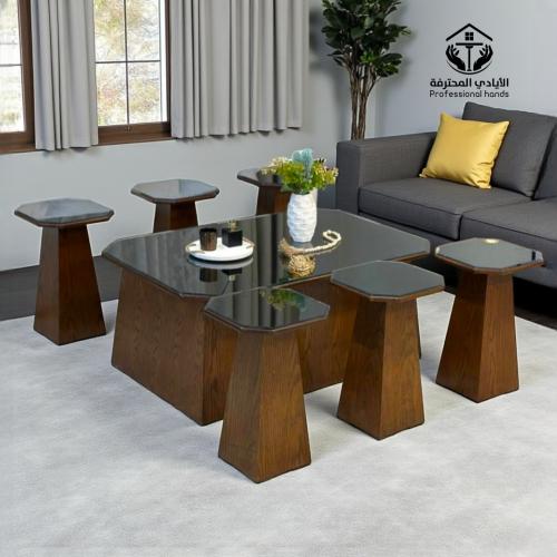 طقم طاولات ضيافة بني مع 6 خدمه