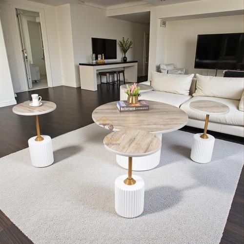 طقم طاولات ضيافة 5 قطع دائرية لون ابيض وسطح خشب