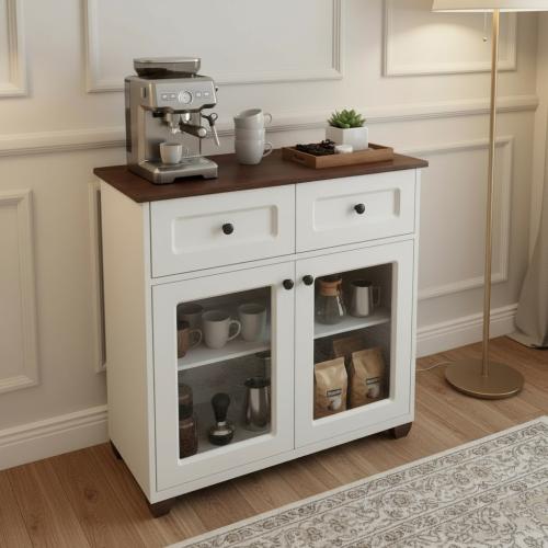 ركن قهوه أبيض بسطح خشبي - أبواب زجاج