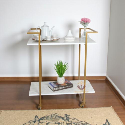 عربة تقديم لون ذهبي دورين سطح خشب لون ابيض شبيه ال...