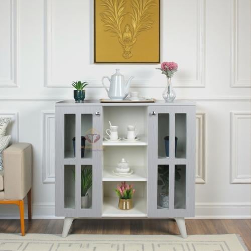 ركن كوفي لون رمادي بتصميم أنيق 2 أبواب زجاج شفاف