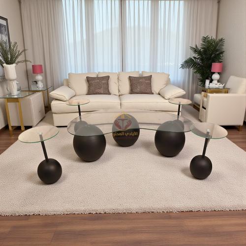 طقم طاولة رخام صناعي شكل كره لون أسود وسطح زجاج مع...