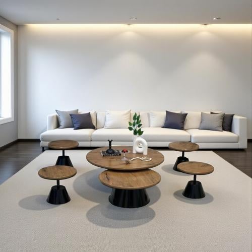 طقم طاولتين سطح بني عمود اسود مع 4 خدمه