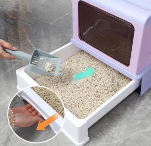 صندوق رمل للقطط ليتر بوكس مغلق مع درج للتنظيف السه...