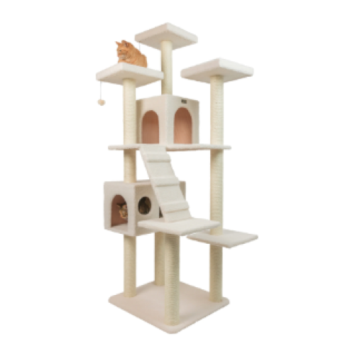 A large multi-story cat tower with sleeping houses...