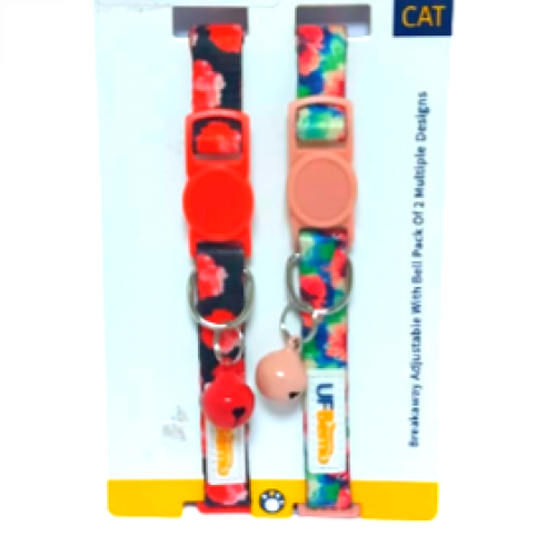 طقم طوقين للقطط ألوان سماوي وأحمر بنقشة ورود وجرس