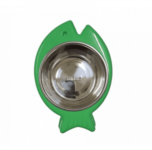 صحن اكل للقطط ستانلس مع بلاستيك بتصميم سمكة