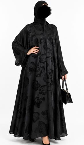 عباية حرير ياباني فاخرة بقصة دبل كلوش سوداء