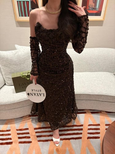 فستان بني راقي باكمام منفصله