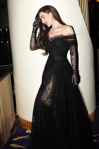 فستان سهرة أسود دانتل ملكي فاخر