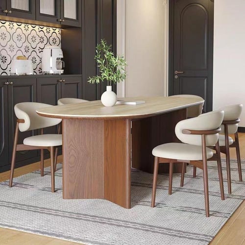 طاولات طعام مع 6كراسي بتصميم بيضاو بسطح رخام وقاعد...