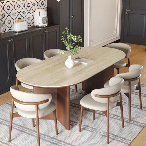 طاولات طعام مع 6كراسي بتصميم بيضاو بسطح رخام وقاعد...