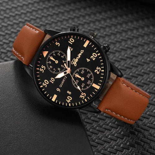 طقم ساعة الكوارتز من الجلد البني