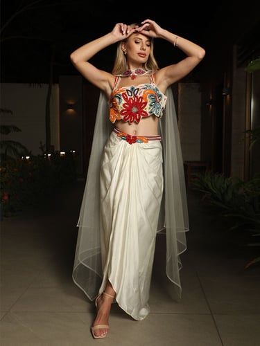Multicolor Floral Beaded Dhoti Set طقم بنطال "دوتي...