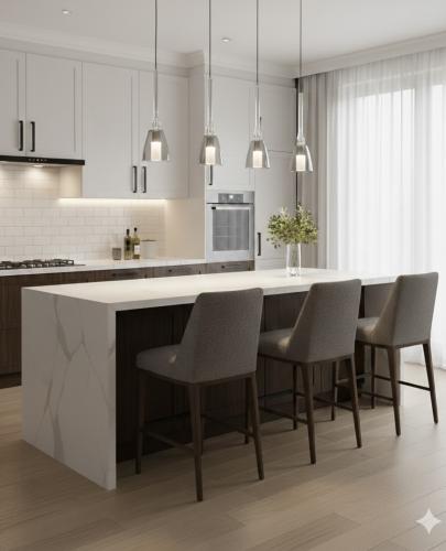 Quadruple chandelier for the kitchen island and seating areas and coffee tables