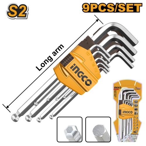 9-piece medium arm hex key set with holder – INGCO