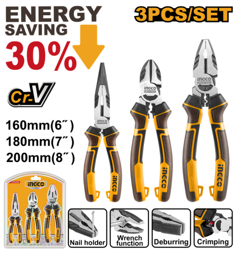 3-Piece Pliers Set, 6-7-8 Inch – INGCO
