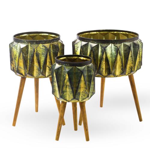 مركن نباتات – معدن منقوش زيتوني ذهبي مع أرجل خشبية...