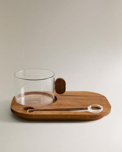 فنجان زجاج بورسليكات مع صينية - خشبية | Wooden serving tray