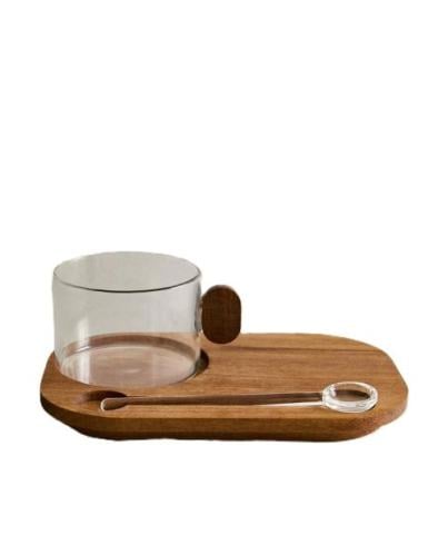 فنجان زجاج بورسليكات مع صينية - خشبية | Wooden serving tray
