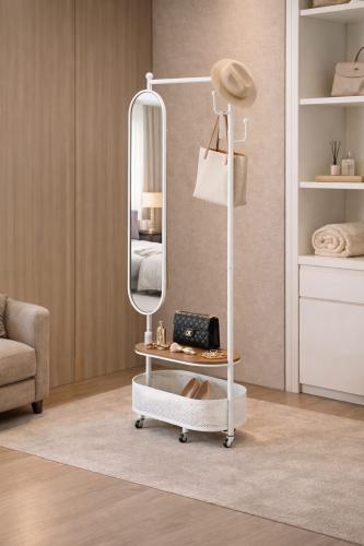 مرآة ملابس أرضية مع علاقة ورف تخزين متحرك-بعدة ألو...