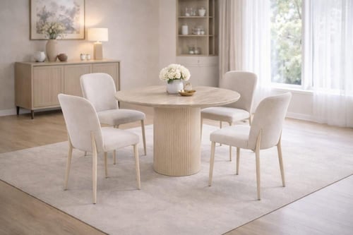 طاولة طعام رخام دائرية مع كراسي بيج بتصميم عصري را...