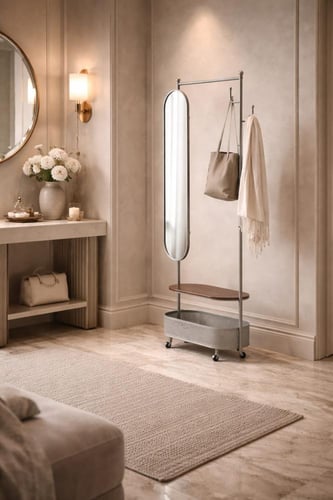 مرآة ملابس أرضية مع علاقة ورف تخزين متحرك-بعدة ألو...