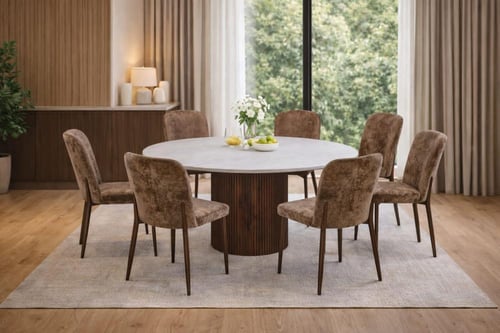 طاولة طعام دائرية بديل رخام مع كراسي بتصميم عصري ا...